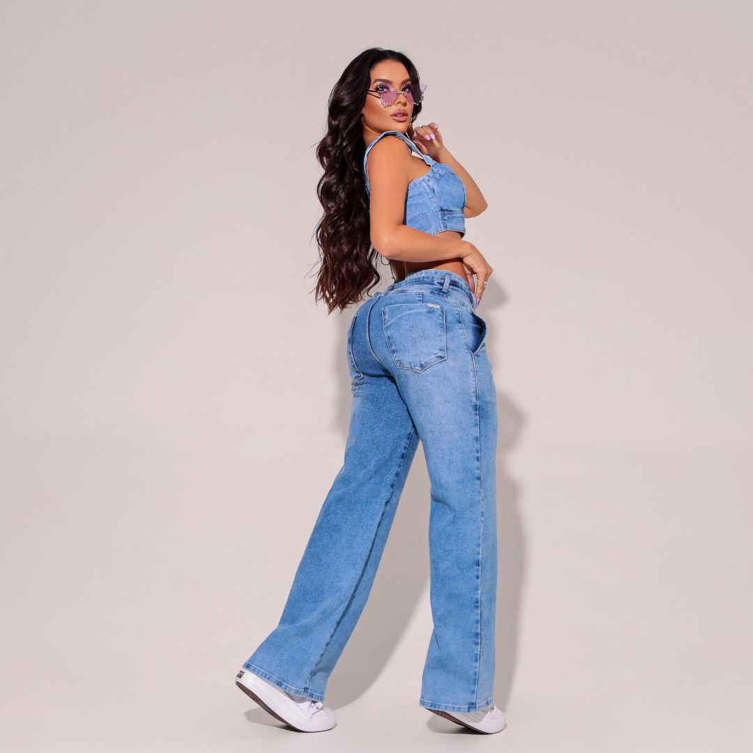 Calça Jeans Modeladora Wide Leg Com Elastano