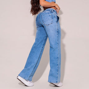 Calça Jeans Modeladora Wide Leg Com Elastano